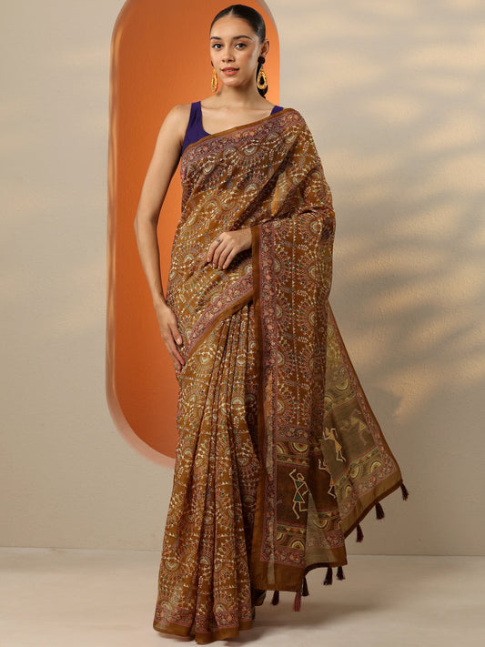 Brown Printed Silk Blend Saree With Unstitched Blouse Piece