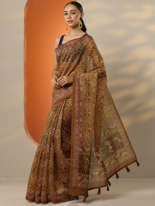 Brown Printed Silk Blend Saree With Unstitched Blouse Piece