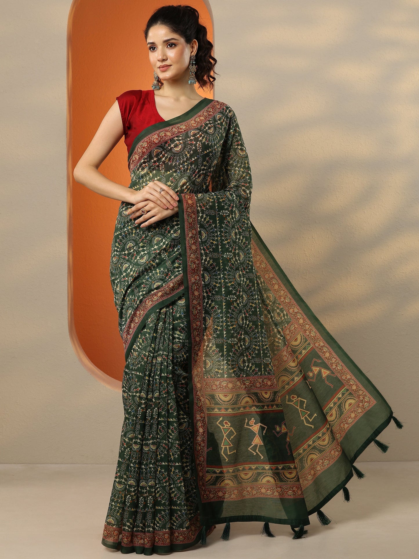 Green Printed Silk Blend Saree With Unstitched Blouse Piece