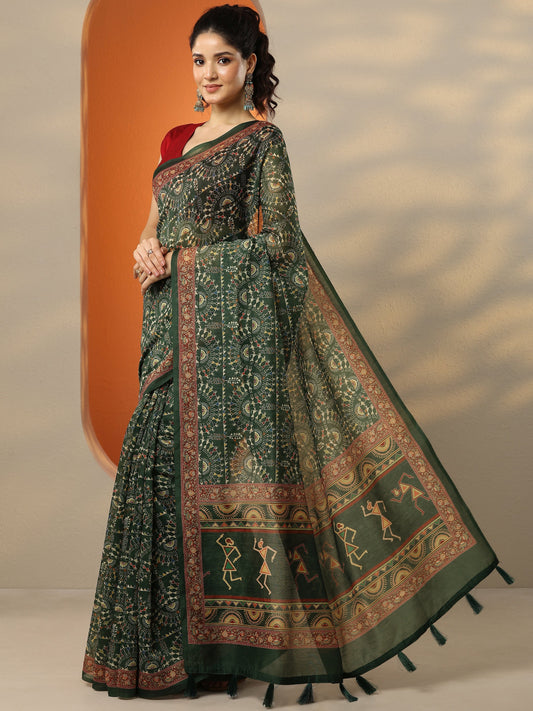 Green Printed Silk Blend Saree With Unstitched Blouse Piece