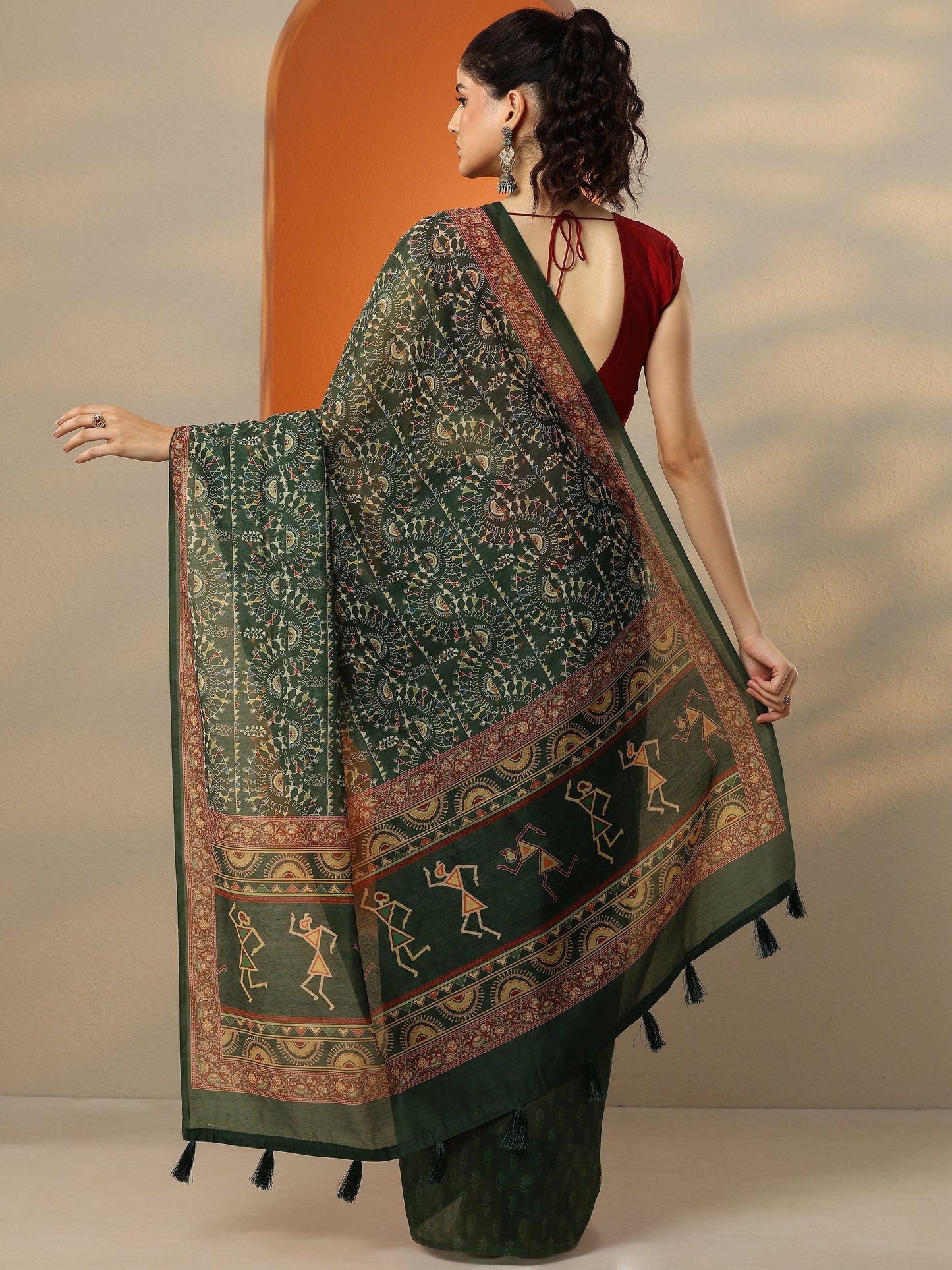 Green Printed Silk Blend Saree With Unstitched Blouse Piece