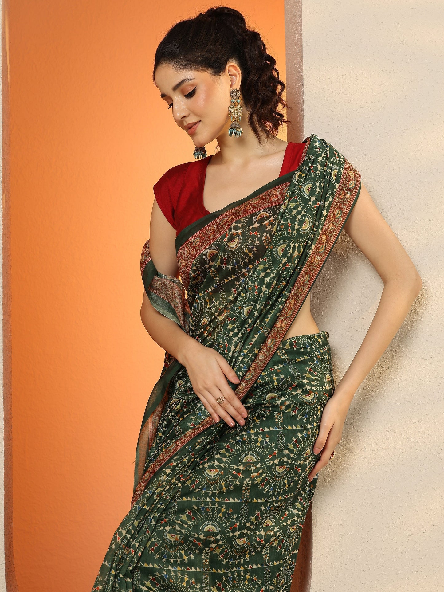 Green Printed Silk Blend Saree With Unstitched Blouse Piece