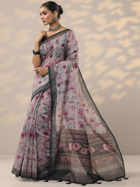 Grey Printed Silk Blend Saree With Unstitched Blouse Piece