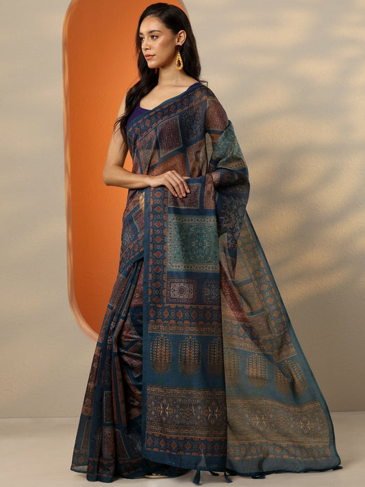 Blue Printed Silk Blend Saree With Unstitched Blouse Piece
