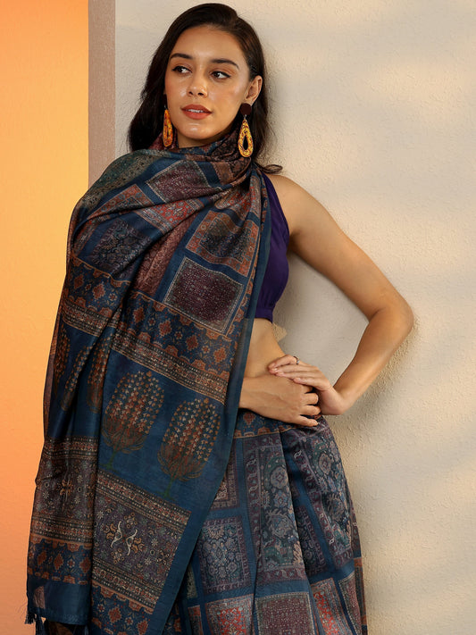 Blue Printed Silk Blend Saree With Unstitched Blouse Piece