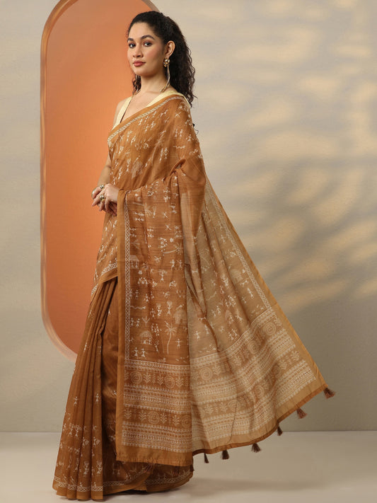 Rust Printed Silk Blend Saree With Unstitched Blouse Piece
