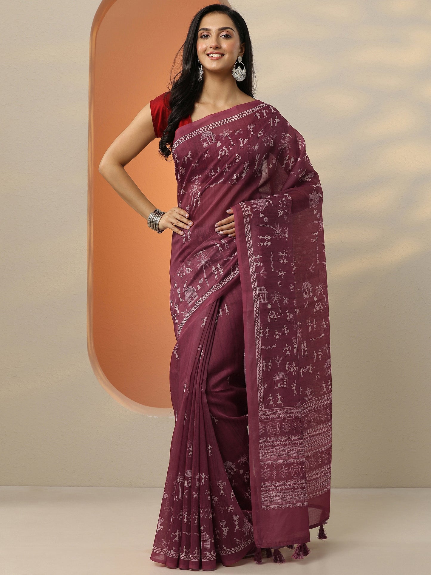 Red Printed Silk Blend Saree With Unstitched Blouse Piece