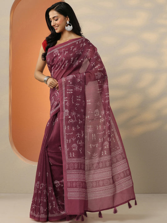 Red Printed Silk Blend Saree With Unstitched Blouse Piece