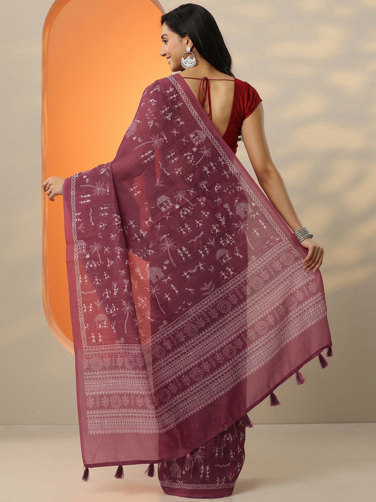 Red Printed Silk Blend Saree With Unstitched Blouse Piece