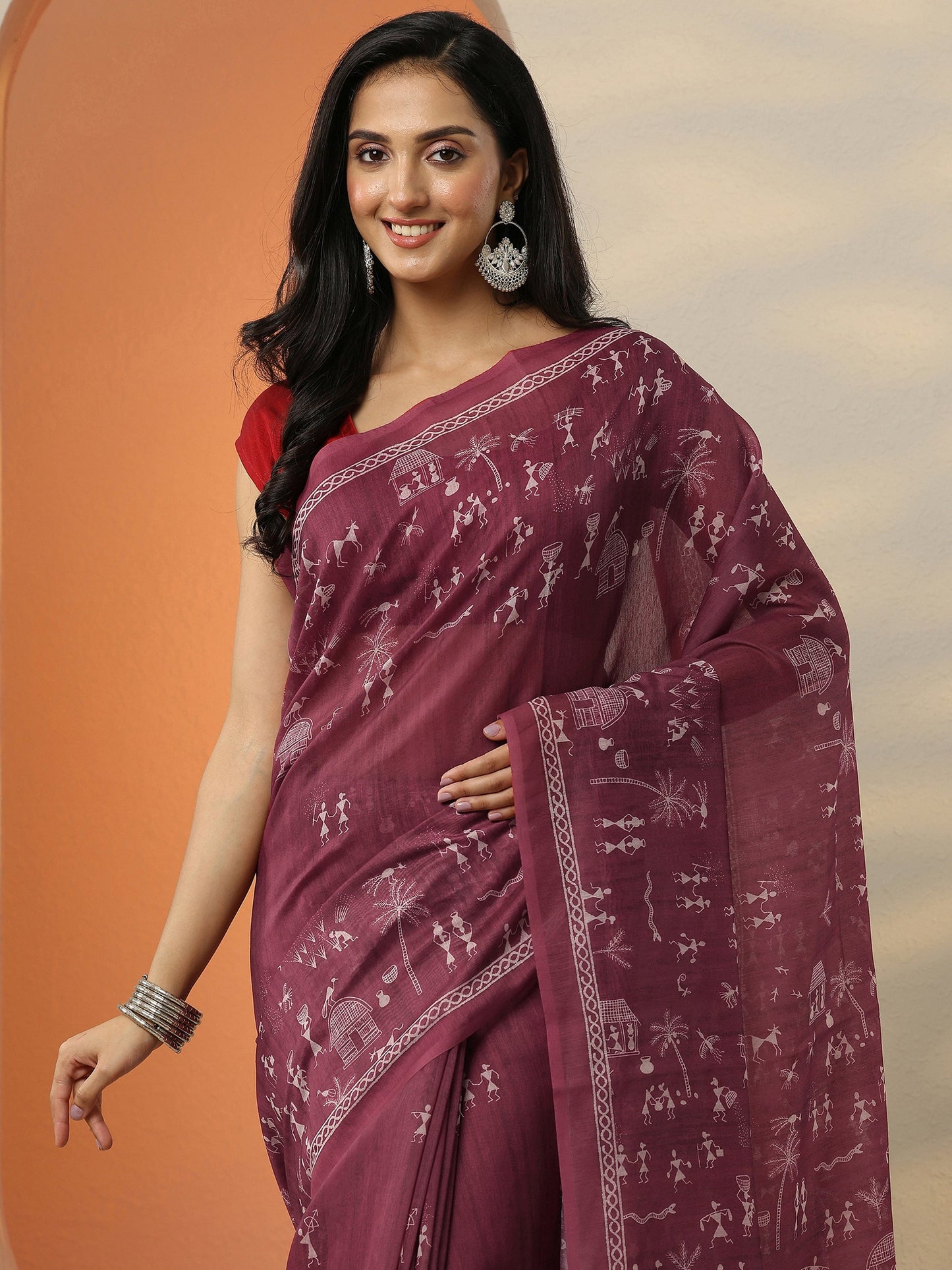 Red Printed Silk Blend Saree With Unstitched Blouse Piece