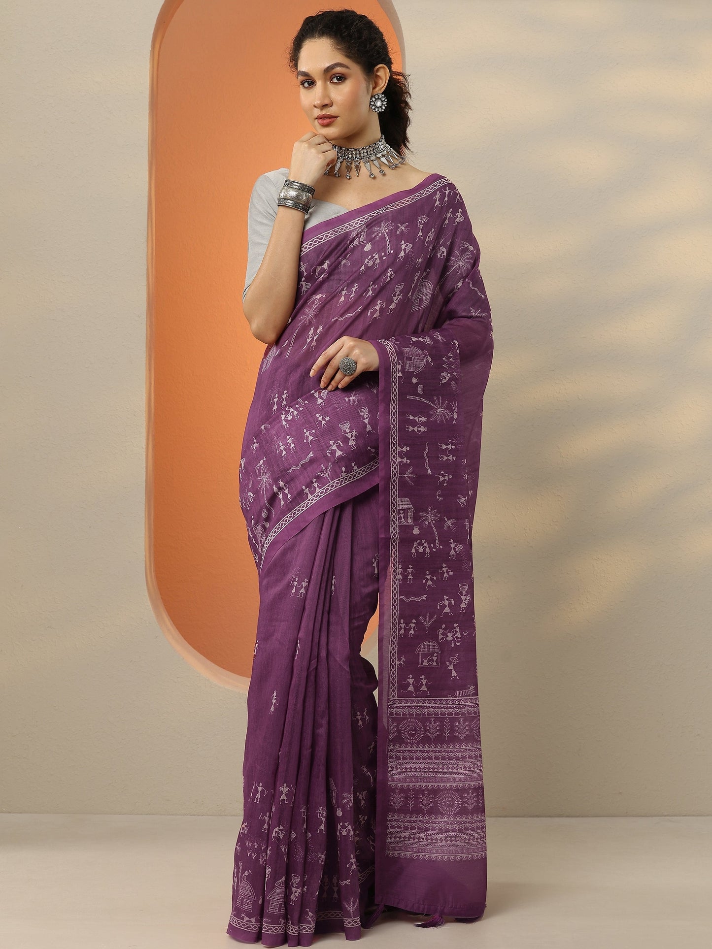 Purple Printed Silk Blend Saree With Unstitched Blouse Piece