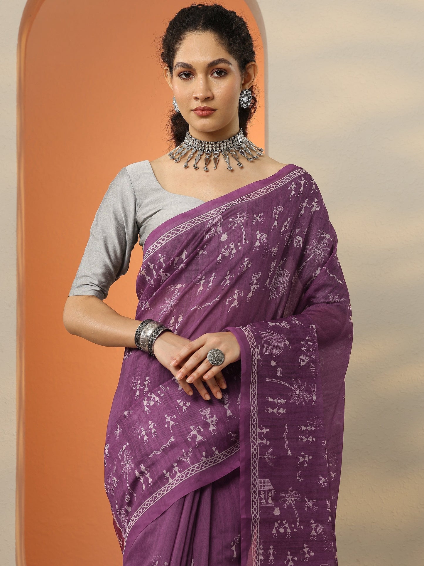Purple Printed Silk Blend Saree With Unstitched Blouse Piece