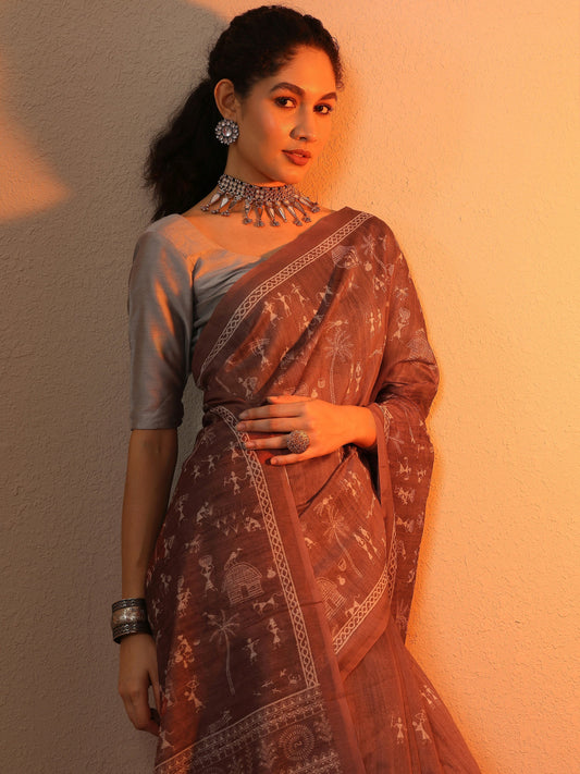 Brown Printed Silk Blend Saree With Unstitched Blouse Piece