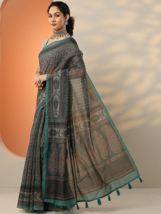 Green  Printed Silk Blend Saree With Unstitched Blouse Piece
