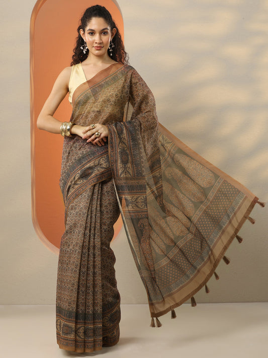 Brown Printed Silk Blend Saree With Unstitched Blouse Piece