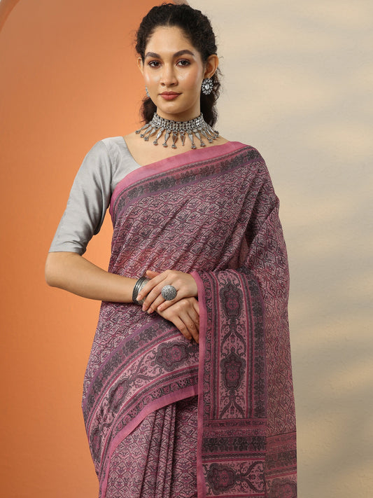 Pink Printed Silk Blend Saree With Unstitched Blouse Piece
