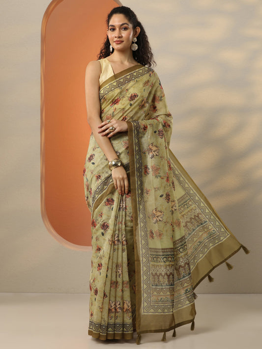 Green Printed Silk Blend Saree With Unstitched Blouse Piece
