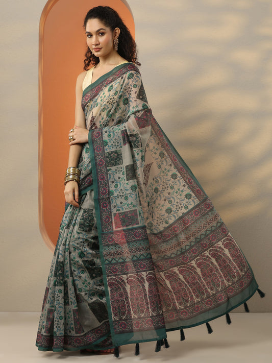 Blue Printed Silk Blend Saree With Unstitched Blouse Piece