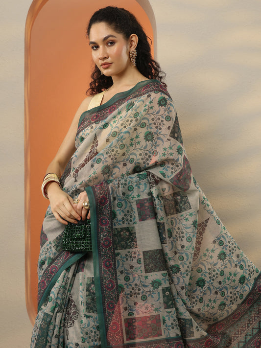 Blue Printed Silk Blend Saree With Unstitched Blouse Piece