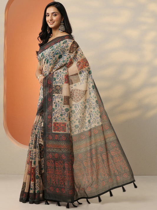 Beige Printed Silk Blend Saree With Unstitched Blouse Piece