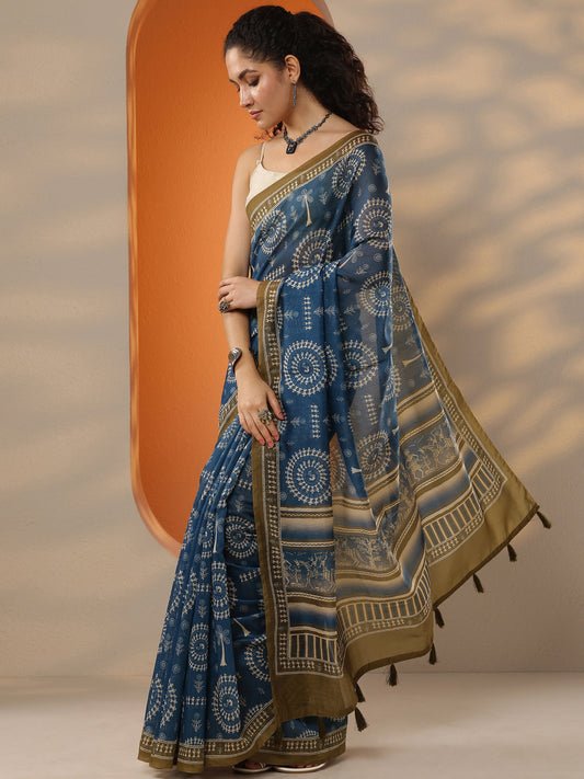 Blue Printed Silk Blend Saree With Unstitched Blouse Piece