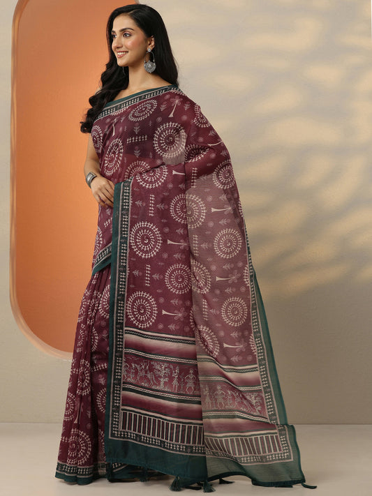 Maroon Printed Silk Blend Saree With Unstitched Blouse Piece