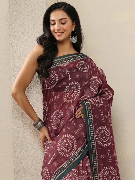 Maroon Printed Silk Blend Saree With Unstitched Blouse Piece