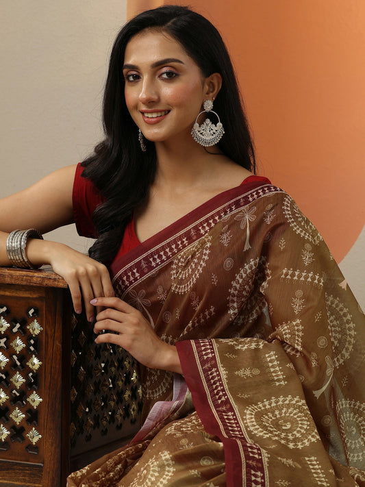 Mustard Printed Silk Blend Saree With Unstitched Blouse Piece