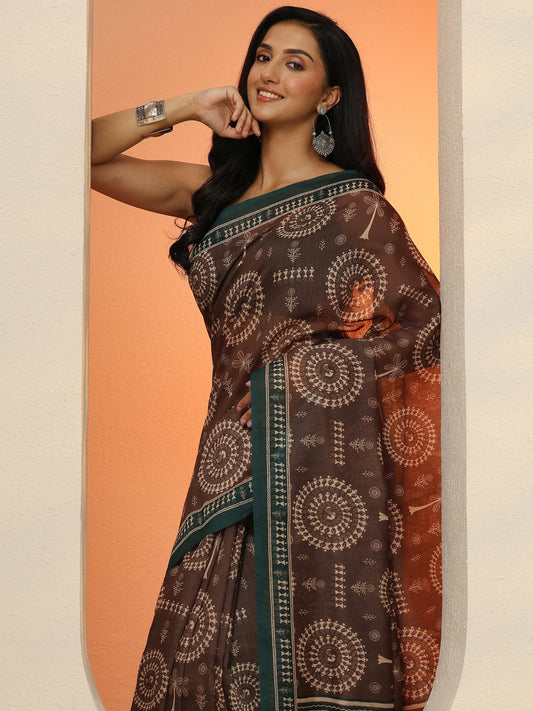 Brown Printed Silk Blend Saree With Unstitched Blouse Piece