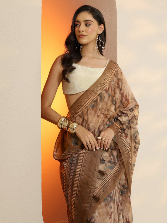 Brown Printed Silk Blend Saree With Unstitched Blouse Piece