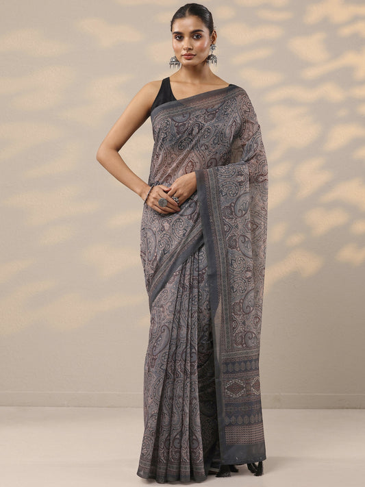 Grey Printed Silk Blend Saree With Unstitched Blouse Piece