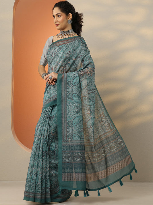 Green Printed Silk Blend Saree With Unstitched Blouse Piece