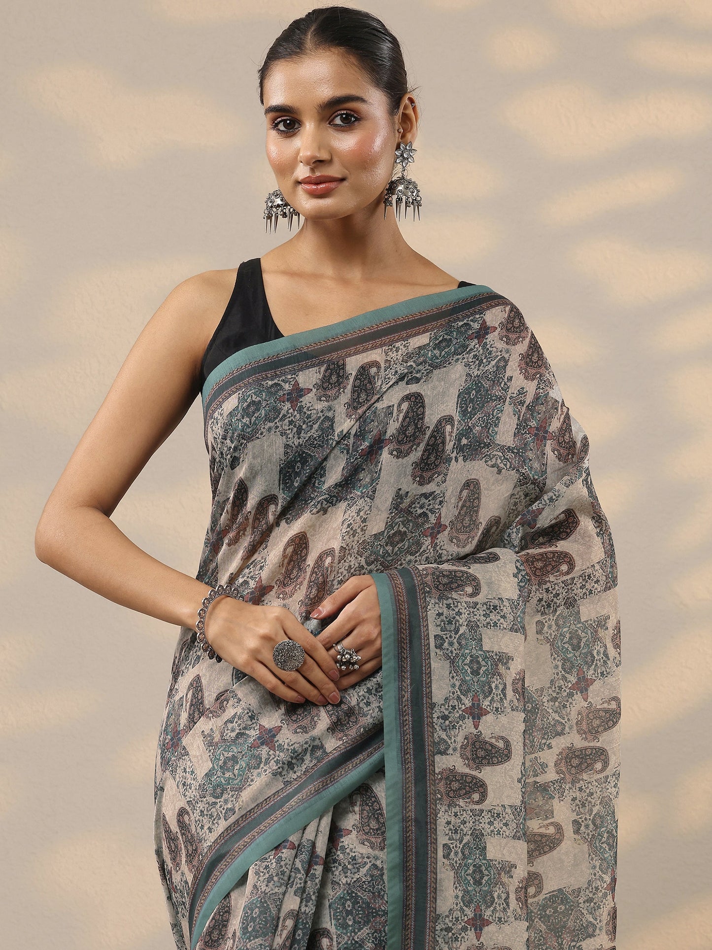 Green Printed Silk Blend Saree With Unstitched Blouse Piece