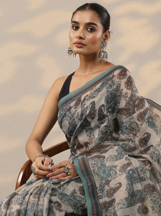 Green Printed Silk Blend Saree With Unstitched Blouse Piece