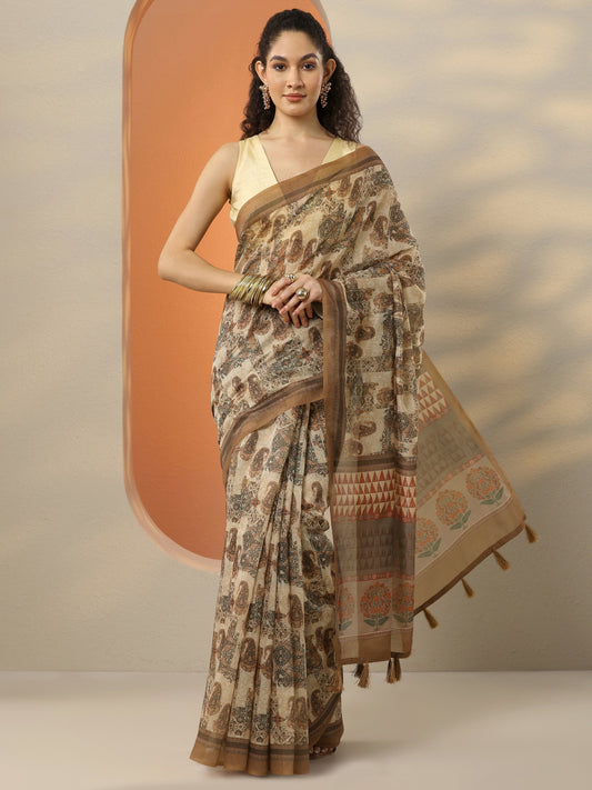 Brown Printed Silk Blend Saree With Unstitched Blouse Piece