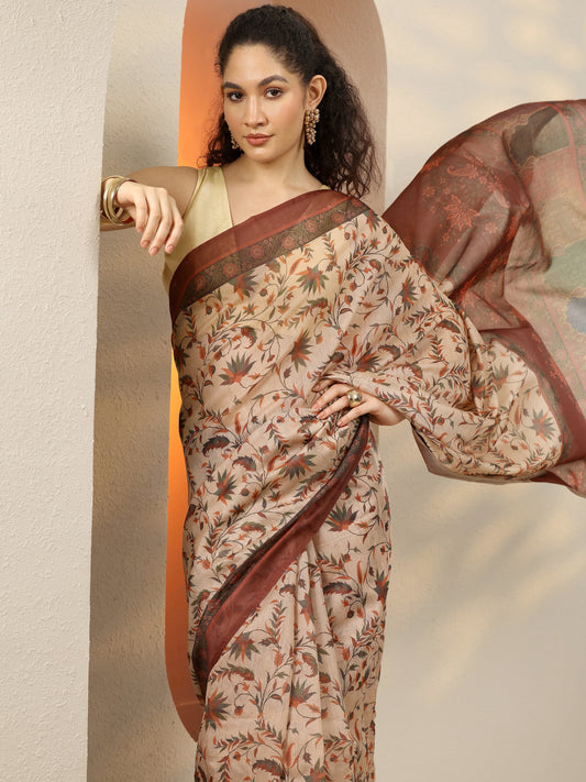 Beige Printed Silk Blend Saree With Unstitched Blouse Piece