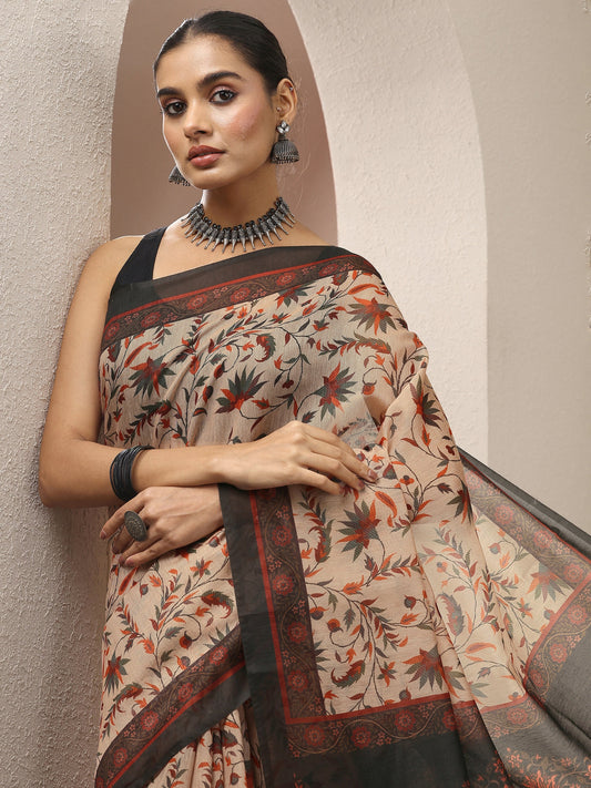 Beige Printed Silk Blend Saree With Unstitched Blouse Piece
