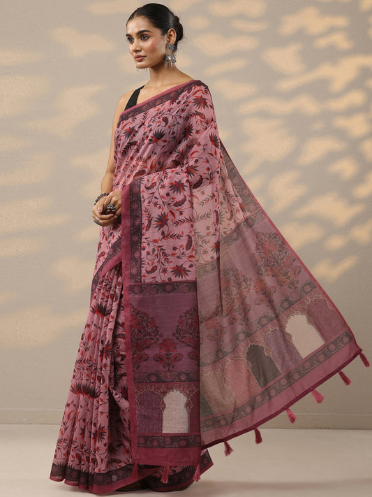 Pink Printed Silk Blend Saree With Unstitched Blouse Piece