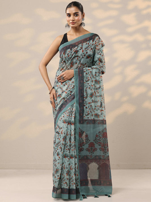Blue Printed Silk Blend Saree With Unstitched Blouse Piece
