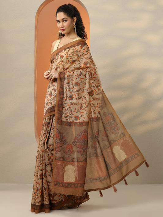 Brown Printed Silk Blend Saree With Unstitched Blouse Piece