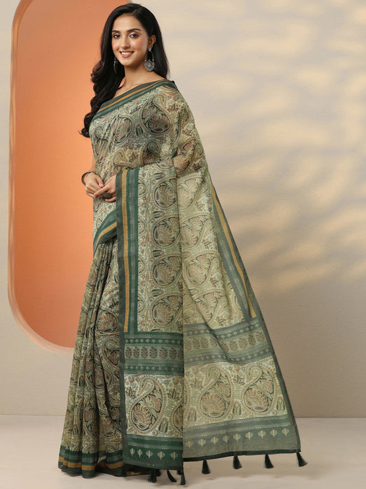 Green Printed Silk Blend Saree With Unstitched Blouse Piece