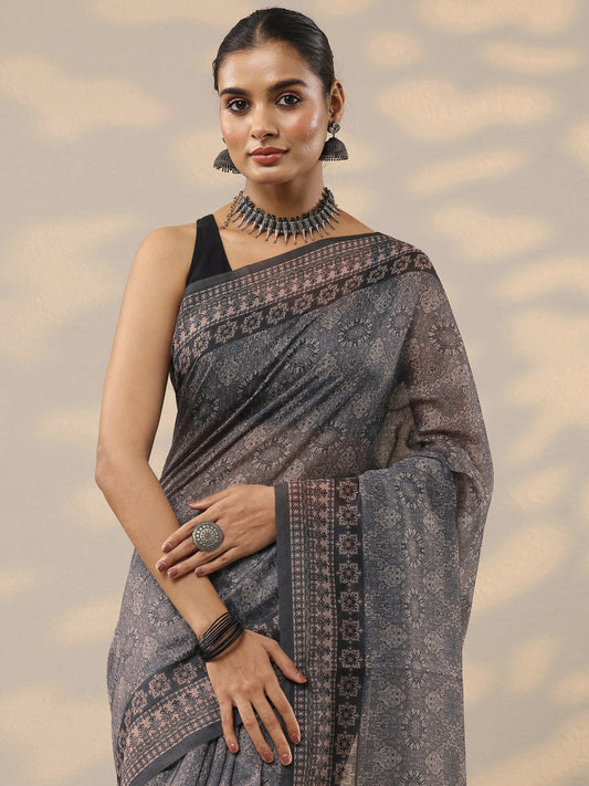 Grey  Printed Silk Blend Saree With Unstitched Blouse Piece