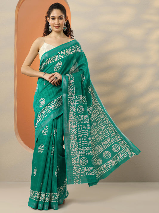 Green Printed Silk Blend Saree With Unstitched Blouse Piece