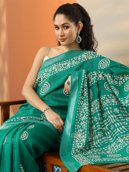 Green Printed Silk Blend Saree With Unstitched Blouse Piece