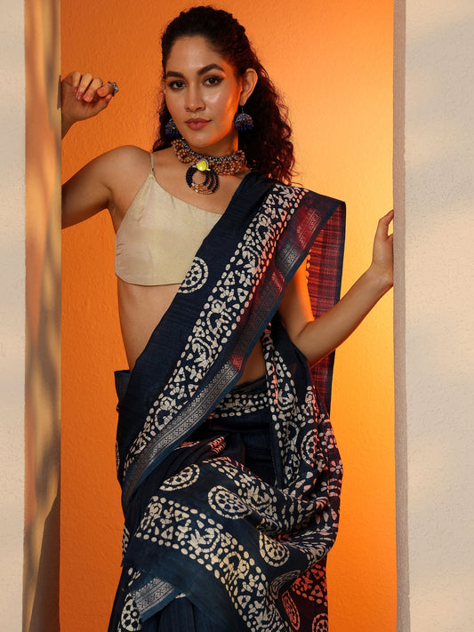 Blue Printed Silk Blend Saree With Unstitched Blouse Piece