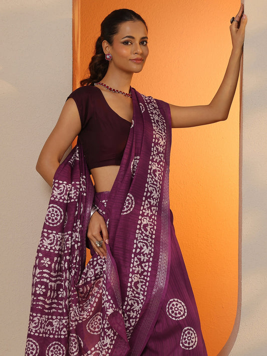 Burgundy Printed Silk Blend Saree With Unstitched Blouse Piece