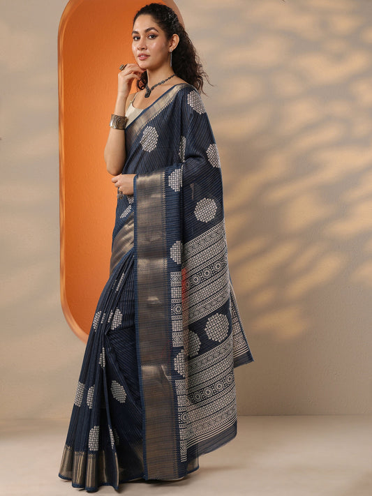 Navy Blue Printed Silk Blend Saree With Unstitched Blouse Piece