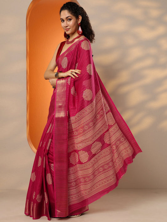 Pink Printed Silk Blend Saree With Unstitched Blouse Piece