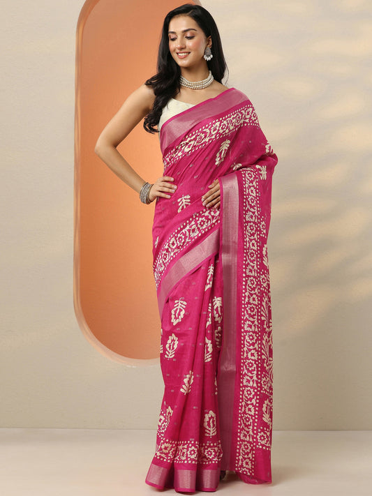 Pink Printed Silk Blend Saree With Unstitched Blouse Piece