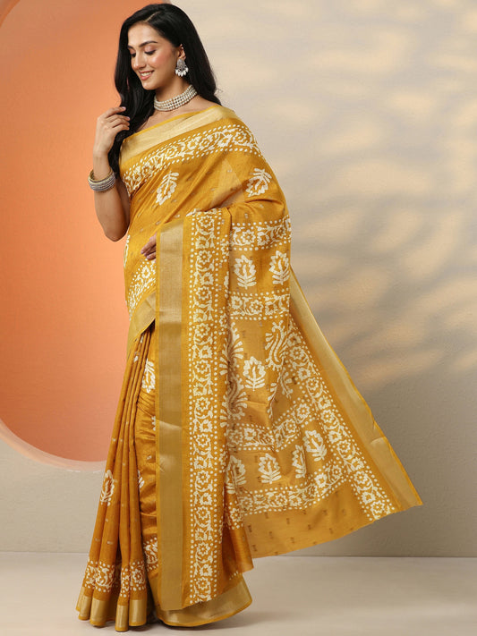 Mustard Printed Silk Blend Saree With Unstitched Blouse Piece